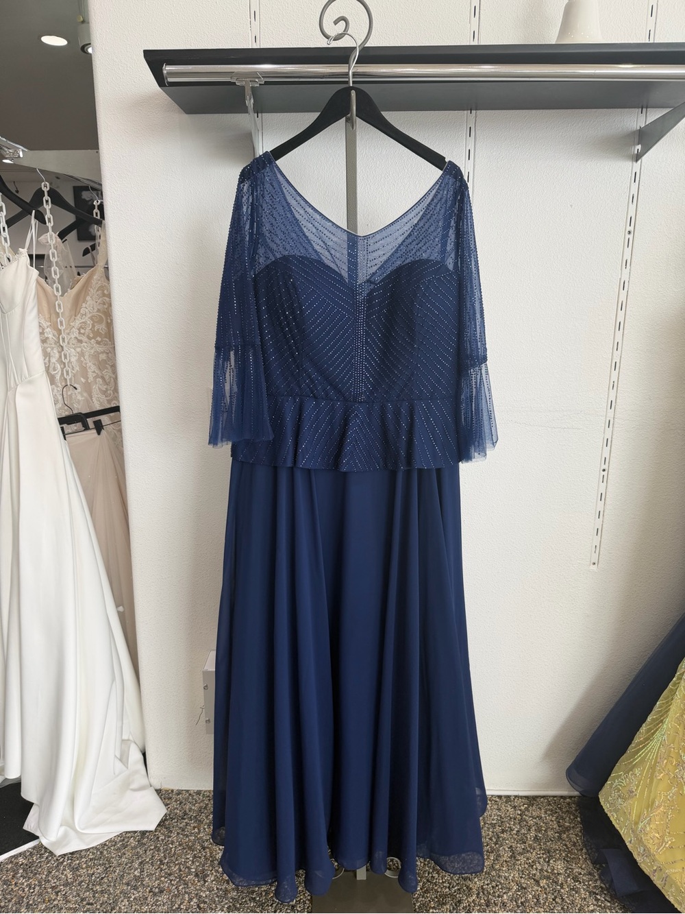 Mori Lee Navy Blue Beaded Maxi Dress with Sheer Cape mother of the bride